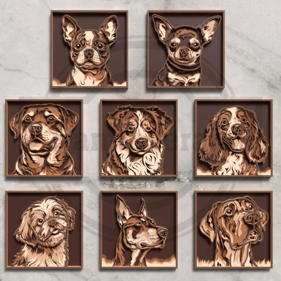 Arte mural de perros en capas para corte láser y CNC