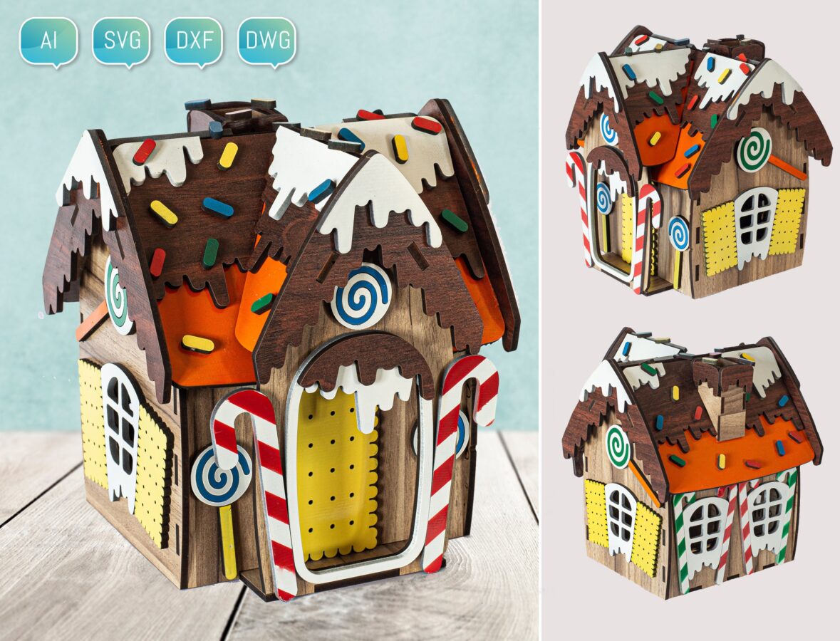 Casa de Jengibre 3D para Cortar a Láser - Archivos SVG y DXF para Proyectos DIY Navideños