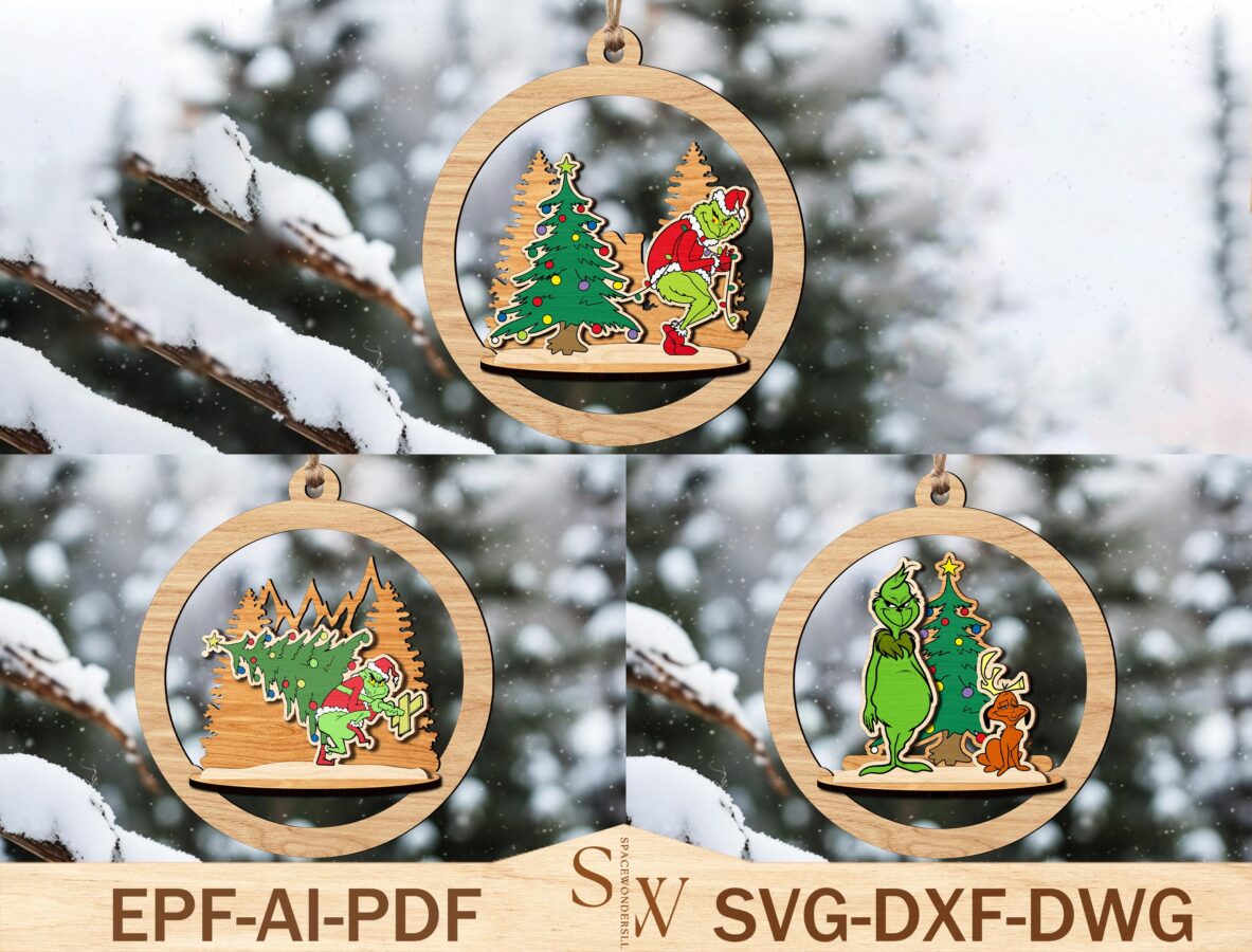 Adorno navideño Grinch cortado con láser - Archivo SVG para Glowforge y decoración festiva