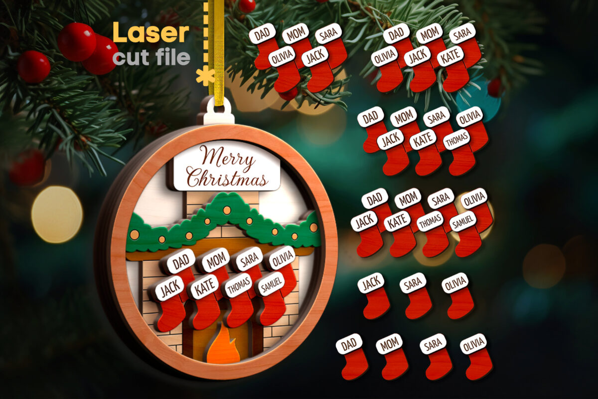 Paquete SVG de Chimenea y Calcetines Navidad para Cortar con Láser y para el Árbol de Navi