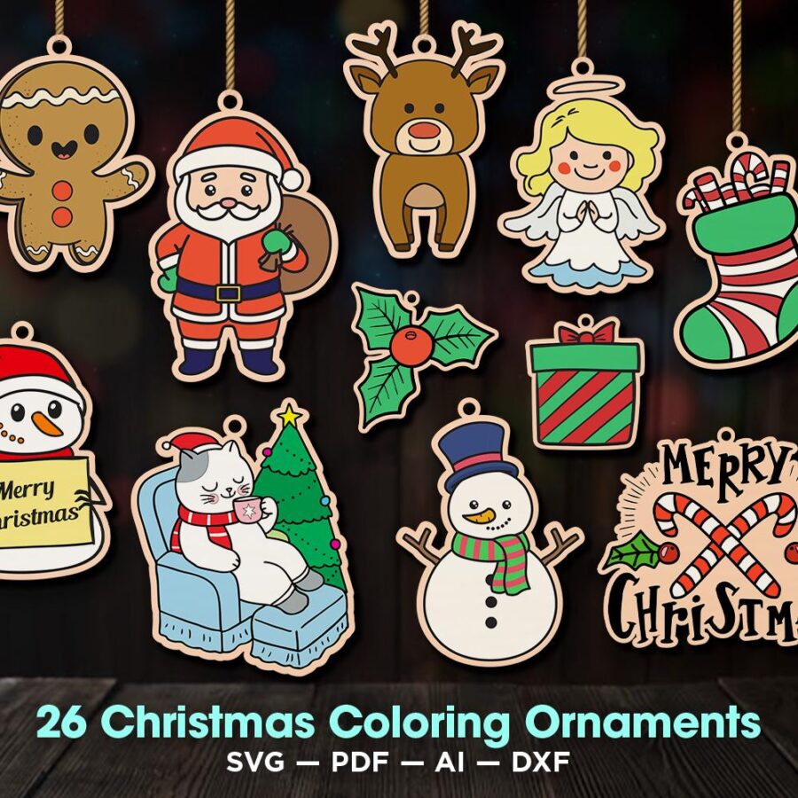 Adornos navideños infantiles SVG para corte láser - Decoraciones coloridas y creativas par