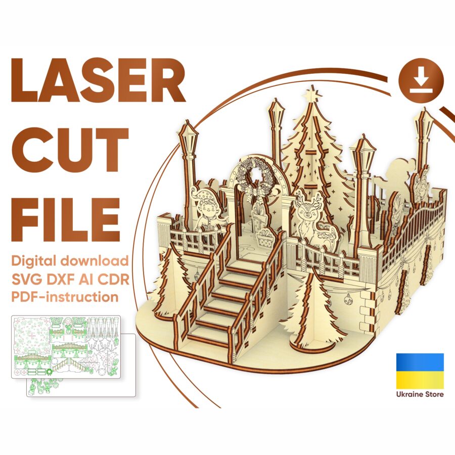 Miniatura Navideña Corte Láser: Cuadrado Festivo con Elfos y Renos para Decoración