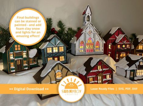 Pueblo Navideño Alpino: 9 Diseños para Corte Láser en SVG, PDF y DXF - Descarga Instantáne