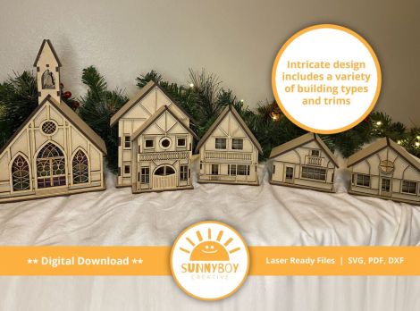 Pueblo Navideño Alpino: 9 Diseños para Corte Láser en SVG, PDF y DXF - Descarga Instantáne