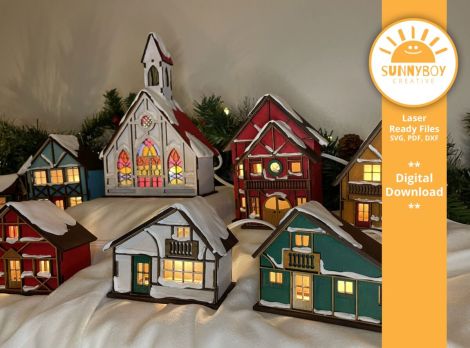 Pueblo Navideño Alpino: 9 Diseños para Corte Láser en SVG, PDF y DXF - Descarga Instantáne