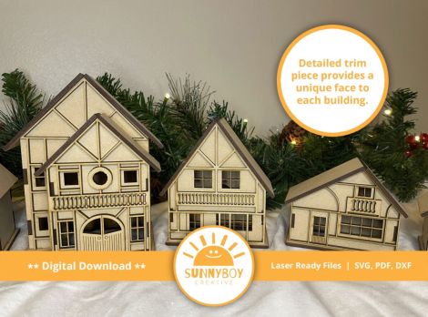 Pueblo Navideño Alpino: 9 Diseños para Corte Láser en SVG, PDF y DXF - Descarga Instantáne