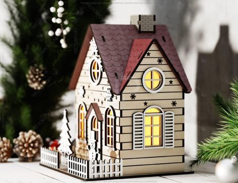 Miniatura de Pueblo Navideño con Árbol y Muñeco de Nieve - Descarga Digital para Corte Lás