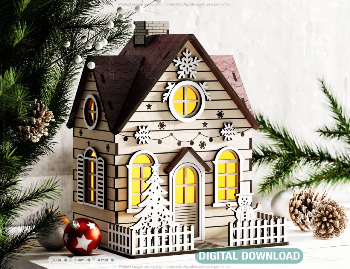 Miniatura de Pueblo Navideño con Árbol y Muñeco de Nieve - Descarga Digital para Corte Lás