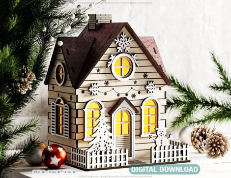 Miniatura de Pueblo Navideño con Árbol y Muñeco de Nieve - Descarga Digital para Corte Lás
