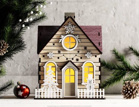 Miniatura de Pueblo Navideño con Árbol y Muñeco de Nieve - Descarga Digital para Corte Lás