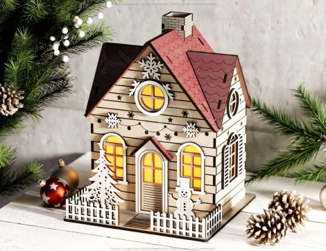 Miniatura de Pueblo Navideño con Árbol y Muñeco de Nieve - Descarga Digital para Corte Lás