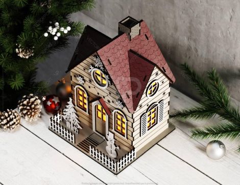 Miniatura de Pueblo Navideño con Árbol y Muñeco de Nieve - Descarga Digital para Corte Lás