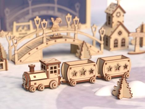Pueblo Navideño con Tren - Archivos Cortados con Láser para Decoración Festiva
