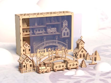 Pueblo Navideño con Tren - Archivos Cortados con Láser para Decoración Festiva