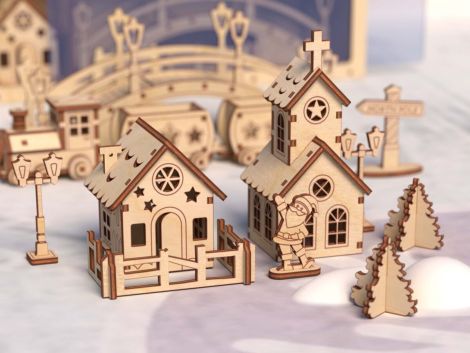 Pueblo Navideño con Tren - Archivos Cortados con Láser para Decoración Festiva