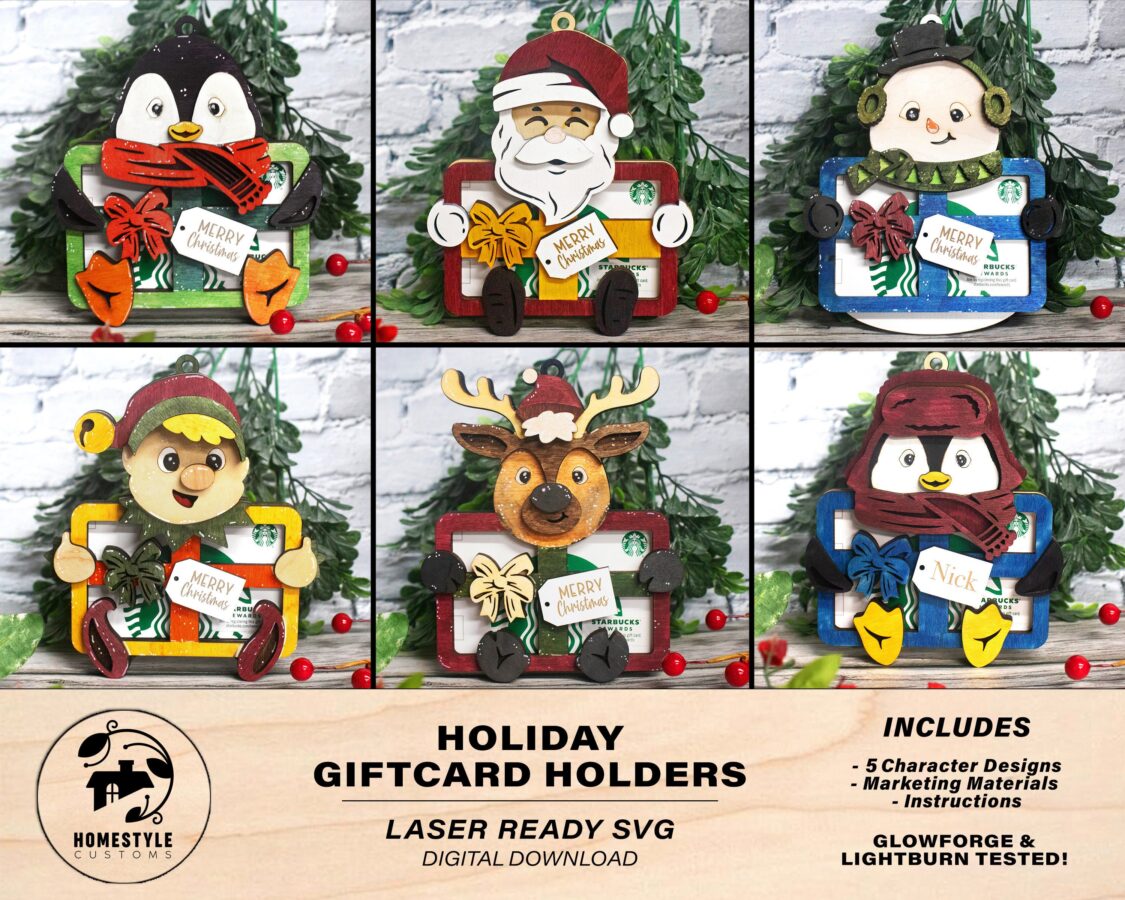 Tarjeta de Regalo Navideña - 5 Diseños de Personajes Únicos en SVG, PDF y AI para Corte Lá