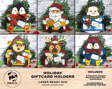 Tarjeta de Regalo Navideña - 5 Diseños de Personajes Únicos en SVG, PDF y AI para Corte Lá