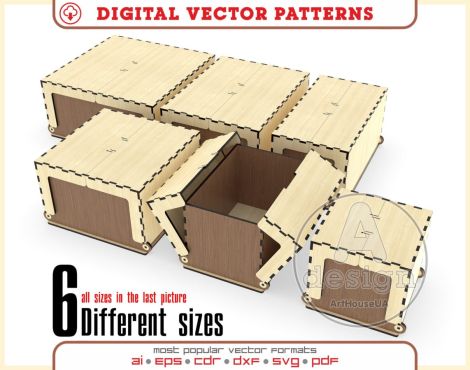 Cajas de Almacenamiento SVG para Corte Láser – Pack de 6 Cajas con Tapa Abatible y Diseño