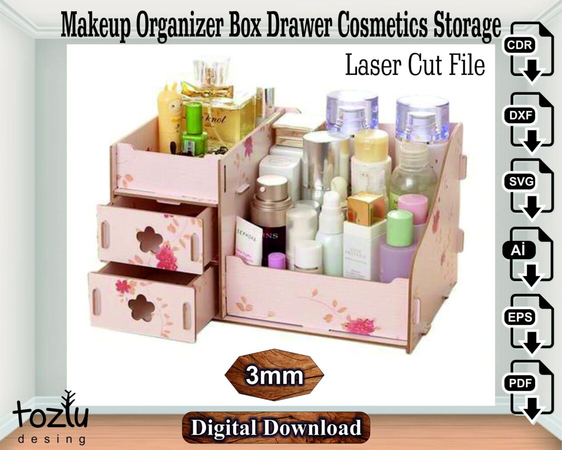 Organizador de maquillaje de madera cortado a láser - Almacenamiento de cosméticos SVG, CD