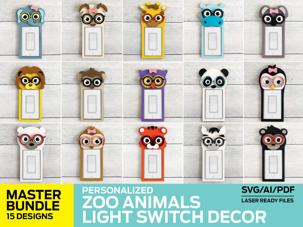 Paquete de decoración de interruptores de luz: 15 diseños de animales, archivos SVG, PDF y