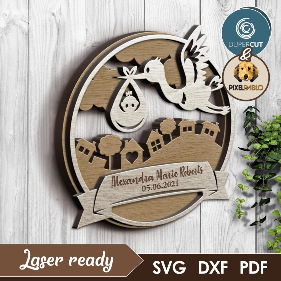Cigüeña con Bebé SVG Personalizado para Corte Láser - Diseño Decorativo DIY para Recién Na