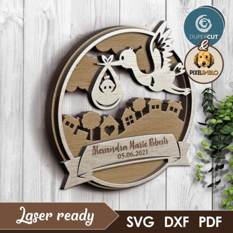Cigüeña con Bebé SVG Personalizado para Corte Láser - Diseño Decorativo DIY para Recién Na