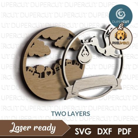 Cigüeña con Bebé SVG Personalizado para Corte Láser - Diseño Decorativo DIY para Recién Na