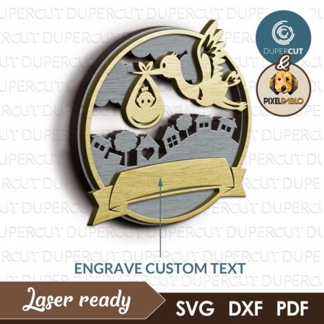Cigüeña con Bebé SVG Personalizado para Corte Láser - Diseño Decorativo DIY para Recién Na