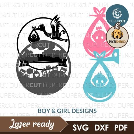 Cigüeña con Bebé SVG Personalizado para Corte Láser - Diseño Decorativo DIY para Recién Na