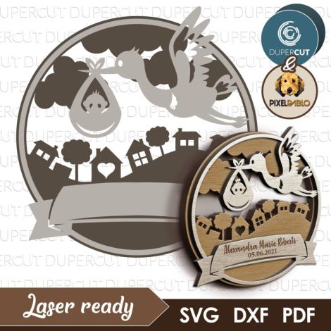 Cigüeña con Bebé SVG Personalizado para Corte Láser - Diseño Decorativo DIY para Recién Na