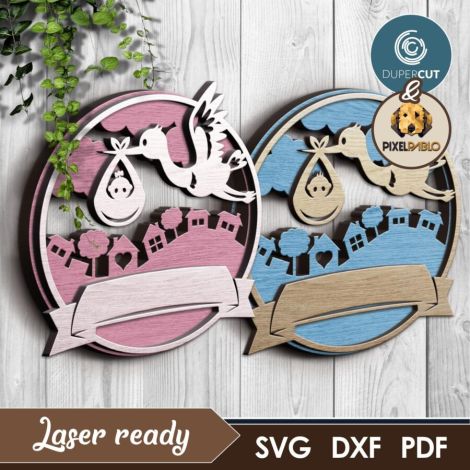 Cigüeña con Bebé SVG Personalizado para Corte Láser - Diseño Decorativo DIY para Recién Na