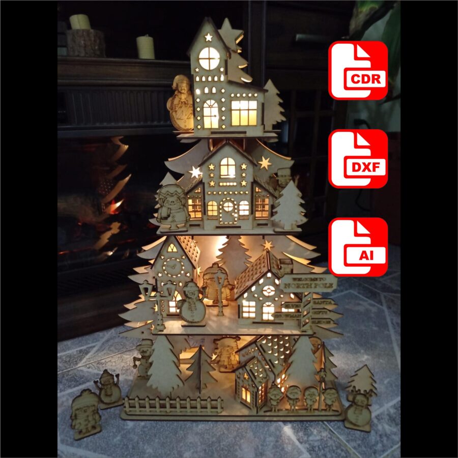 Archivo vectorial de pueblo navideño para corte láser - Diseño decorativo para fiestas