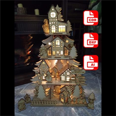 Archivo vectorial de pueblo navideño para corte láser - Diseño decorativo para fiestas