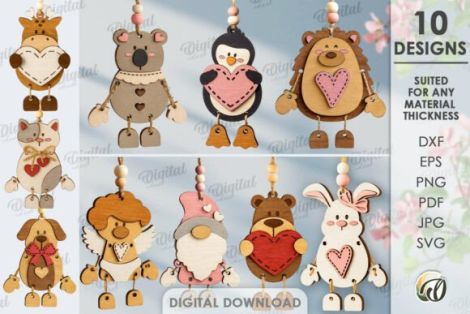 Etiquetas personajes Día del Amor para corte láser, archivos SVG y DXF incluidos