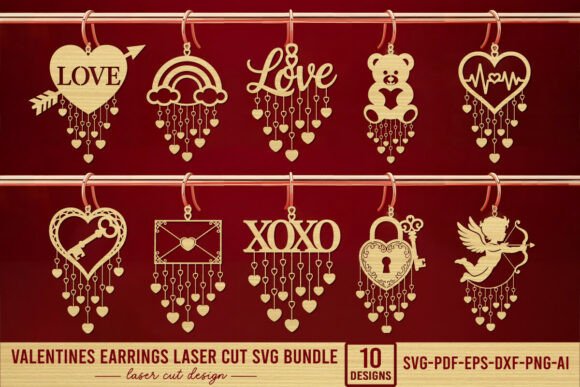 Pendientes de San Valentín para corte láser y CNC, diseño con corazoncitos