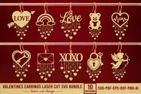 Pendientes de San Valentín para corte láser y CNC, diseño con corazoncitos