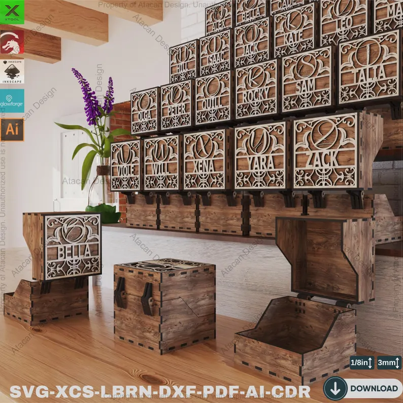 Caja madera personalizada para monograma con diseño para corte láser CNC