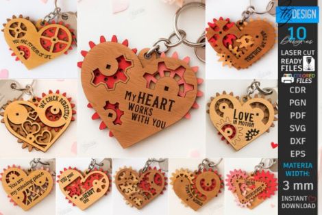 Llaveros de corazón mecánico para corte láser y CNC