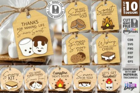 Etiquetas personalizadas S'mores para corte láser CNC, archivos SVG y DXF incluidos