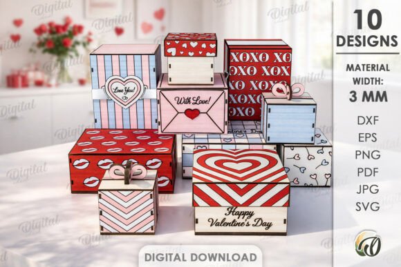 Paquete de cajas de regalo San Valentín para corte láser y CNC