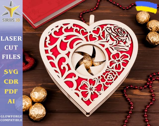 Caja de regalo con corazón para corte láser y CNC, archivos SVG e DXF incluidos