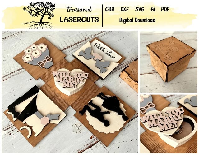 Caja matrimonio decorativa para corte láser CNC, archivos SVG y DXF