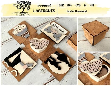 Caja matrimonio decorativa para corte láser CNC, archivos SVG y DXF