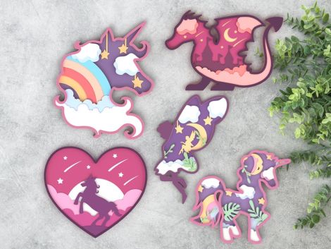 Diseño de unicornio princesa y arcoíris para corte láser, SVG y DXF