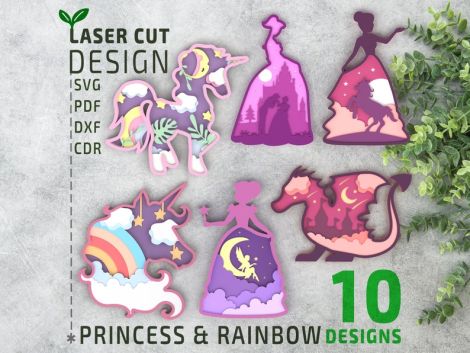 Diseño de unicornio princesa y arcoíris para corte láser, SVG y DXF