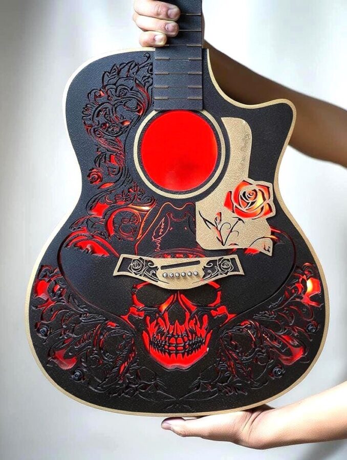 Guitarra acústica con calavera decoración para corte láser y CNC