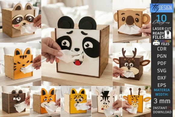 Paquete de cajas pañuelos animales para corte láser