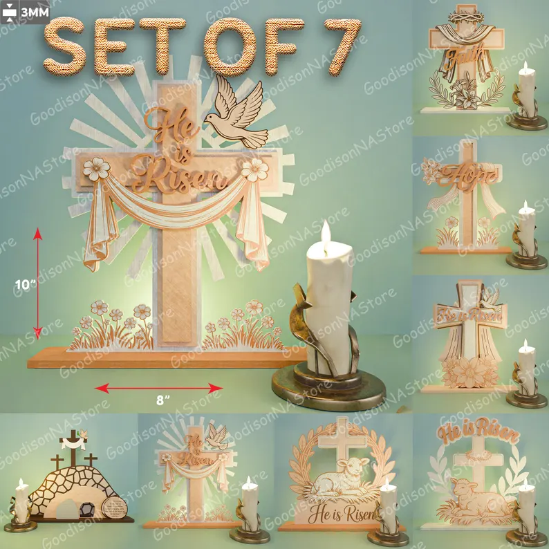 Juego de 7 decoraciones Pascua resucitado para corte láser y CNC