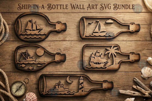 Arte mural navideño barco en botella para corte láser CNC