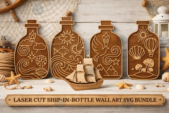 Arte mural de barco en botella para corte láser y CNC